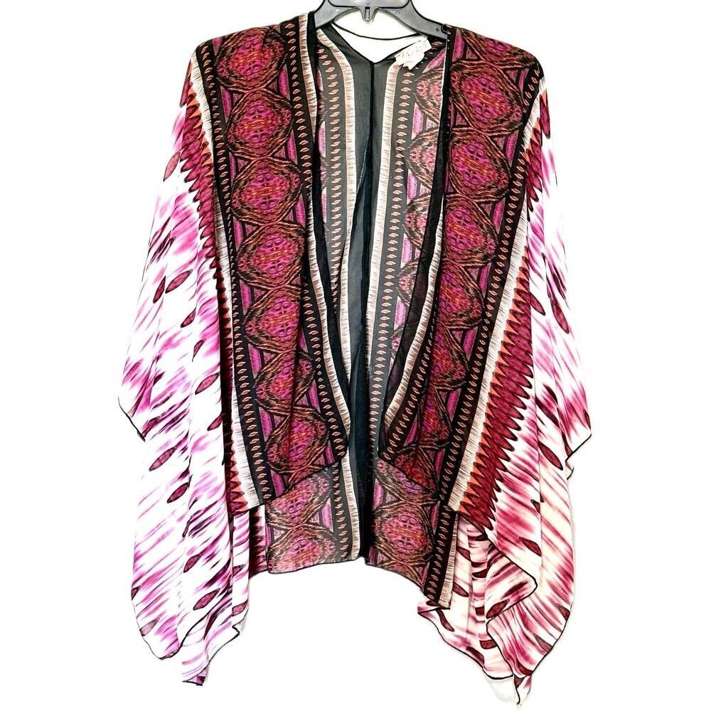 Lavish Boho Kimono Cardigan Size L Pink Geometric Tribal Sheer Duster Jacket